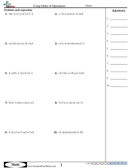 Solving using Order of Operations Worksheet - Solving using Order of Operations worksheet